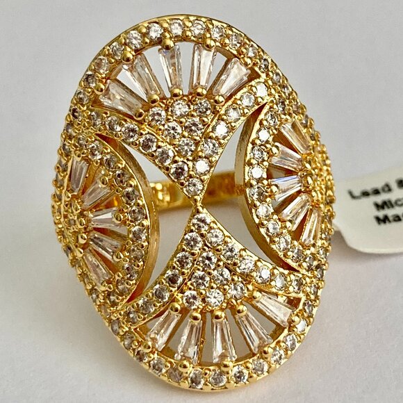 Art Deco Cubic Zirconia Cocktail Ring Yellow Gold Plated Size 7 8 9 Statement - Picture 5 of 15